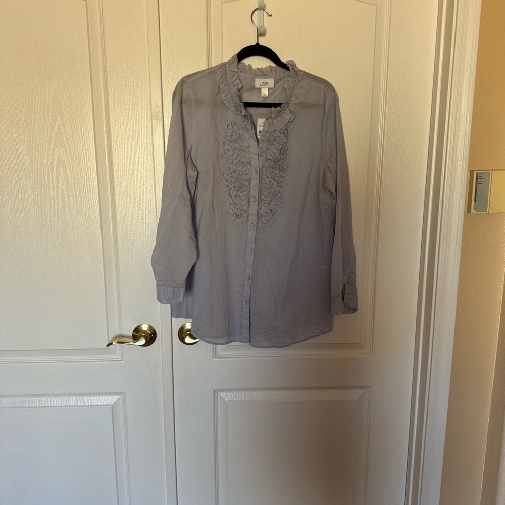 Gray Ruffled Button-Up Blouse
